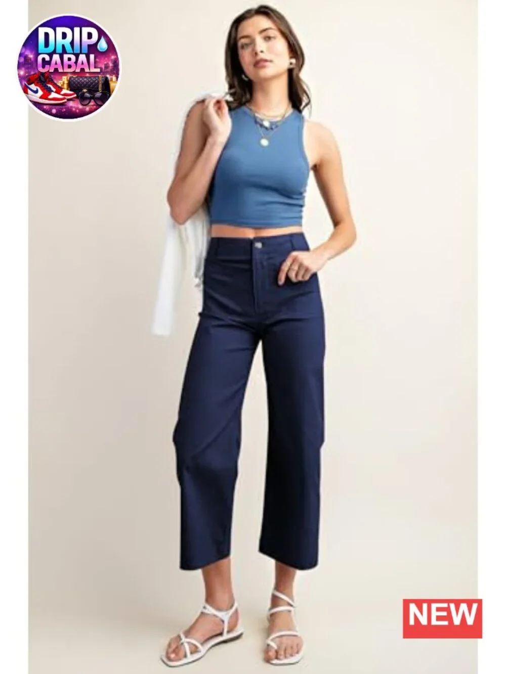 Womens High Waisted Cropped Wide Leg Pants Stretchy Trousers with Pockets